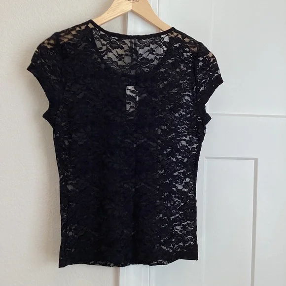 Anthropologie Crewneck Short-Sleeve Top Black Lace Tee NEW Small - Picture 12 of 15